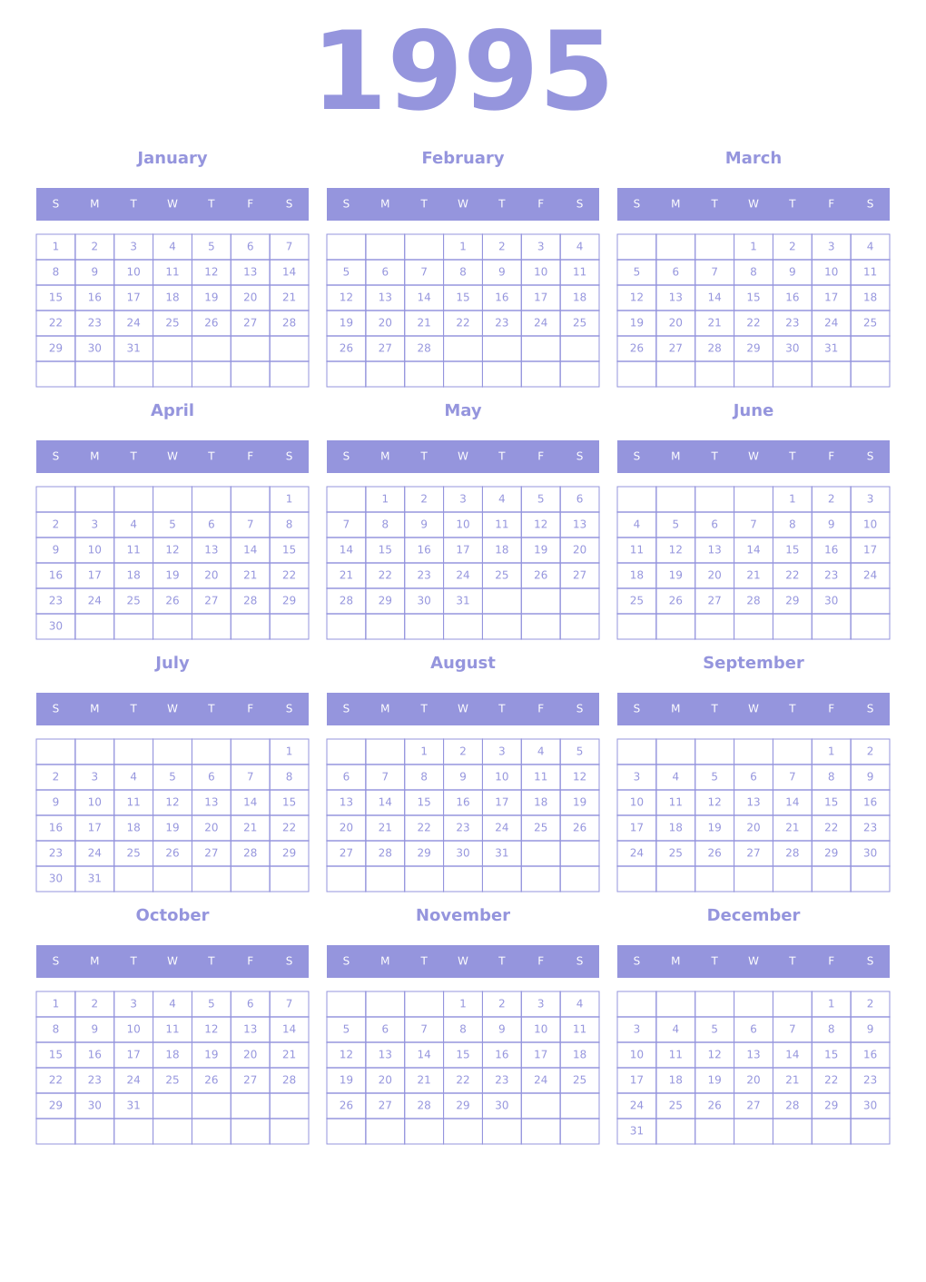 Printable 1995 Year Calendars periwinkle