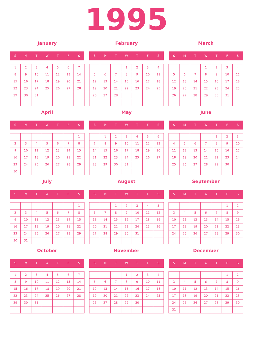 Printable 1995 Year Calendars pink
