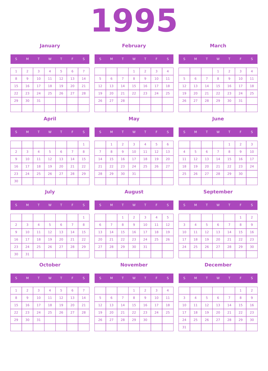 Printable 1995 Year Calendars purple