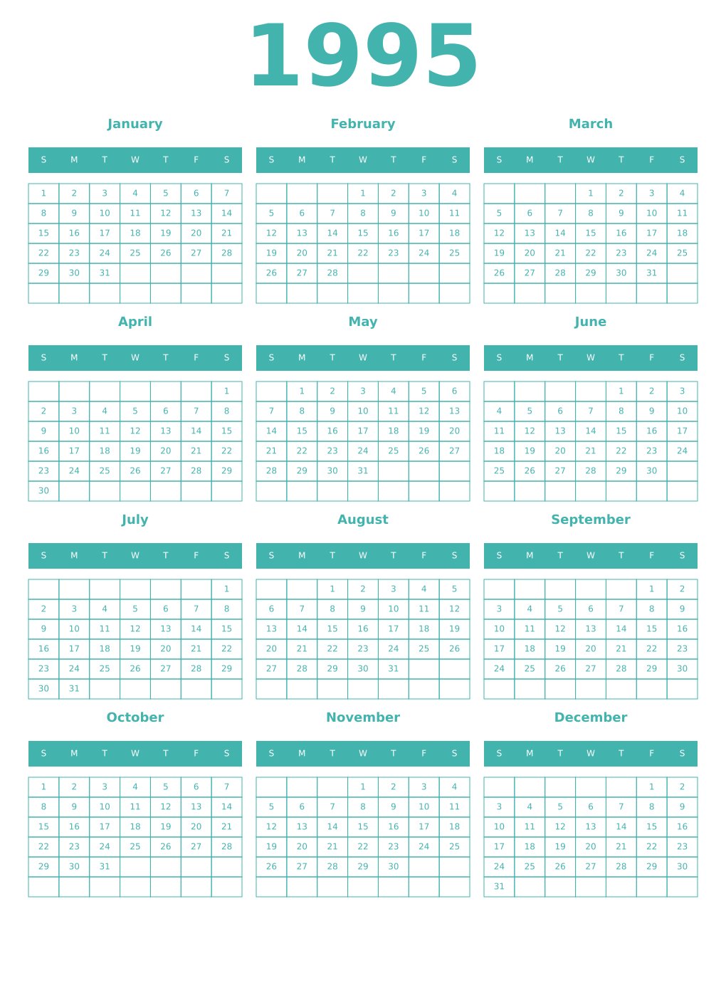 Printable 1995 Year Calendars verdigris