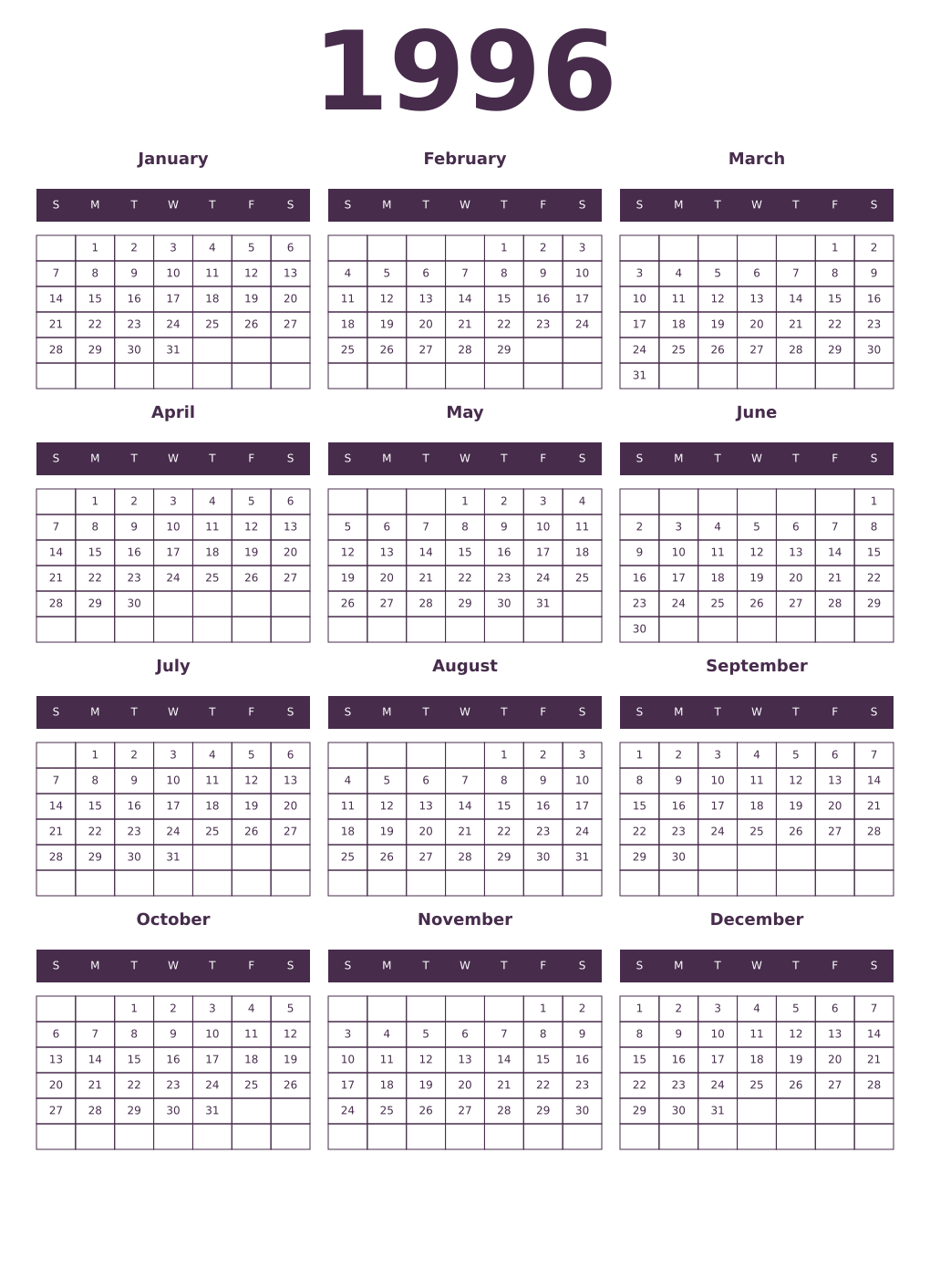 Printable 1996 Year Calendars aubergine