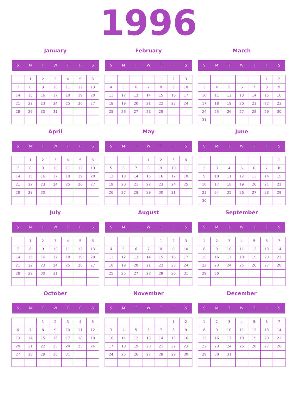 Printable 1996 Year Calendars purple