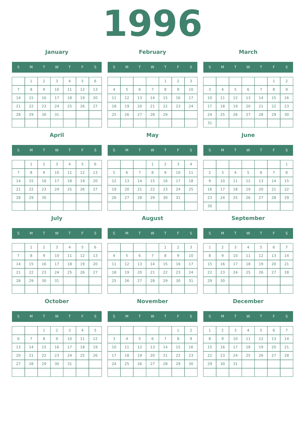 Printable 1996 Year Calendars viridian