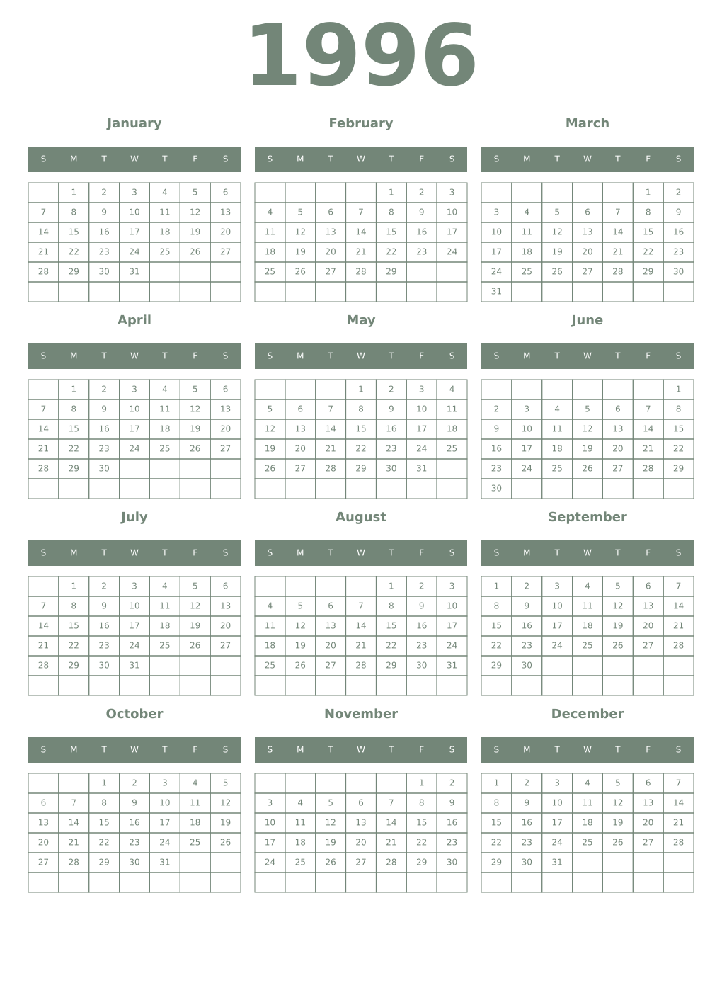 Printable 1996 Year Calendars xanadu