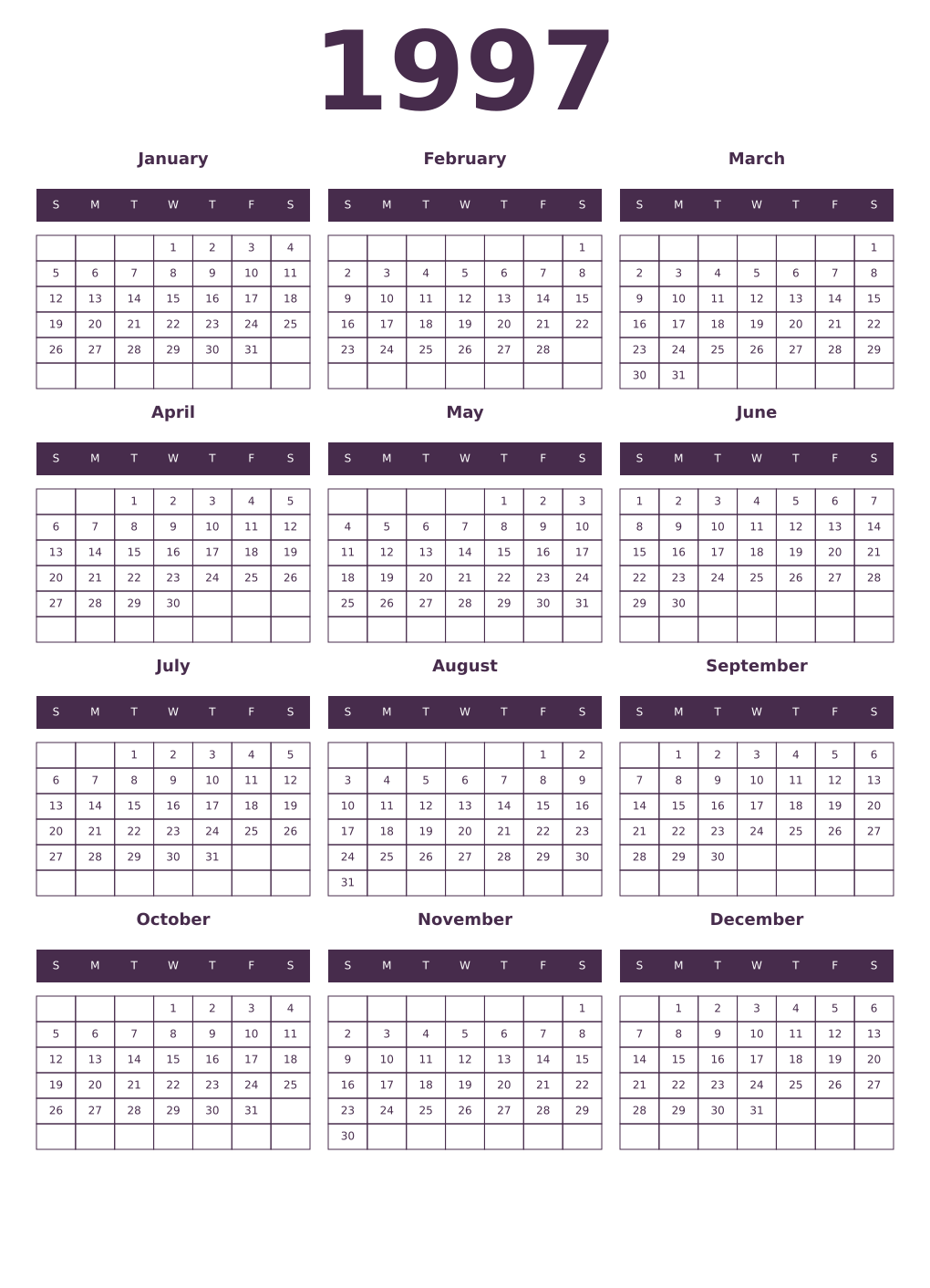 Printable 1997 Year Calendars aubergine