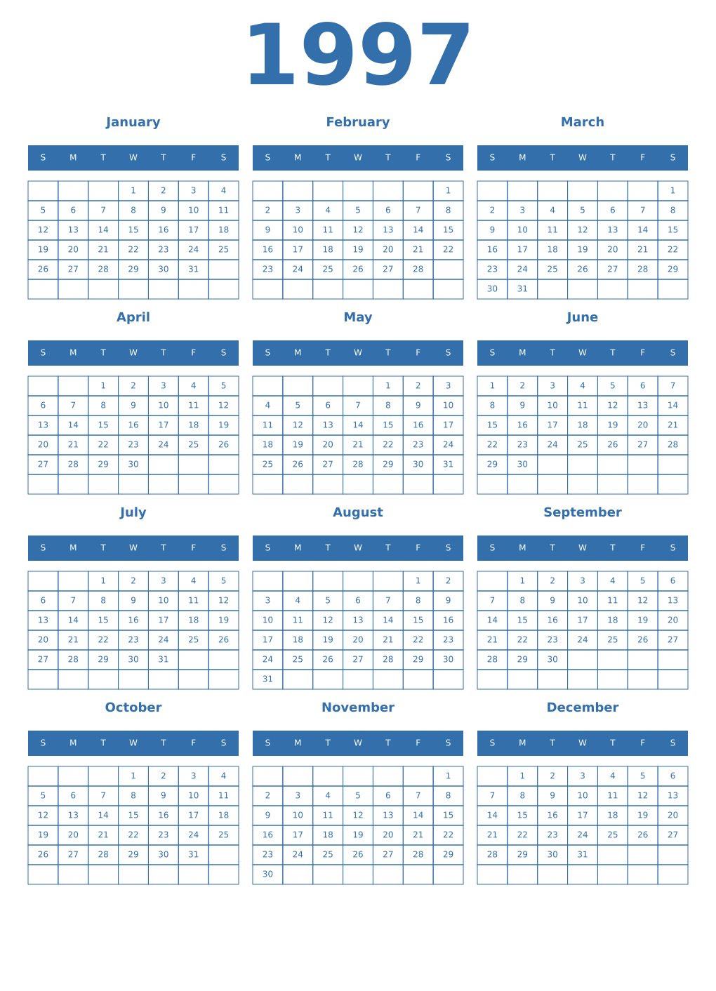 Printable 1997 Year Calendars blue