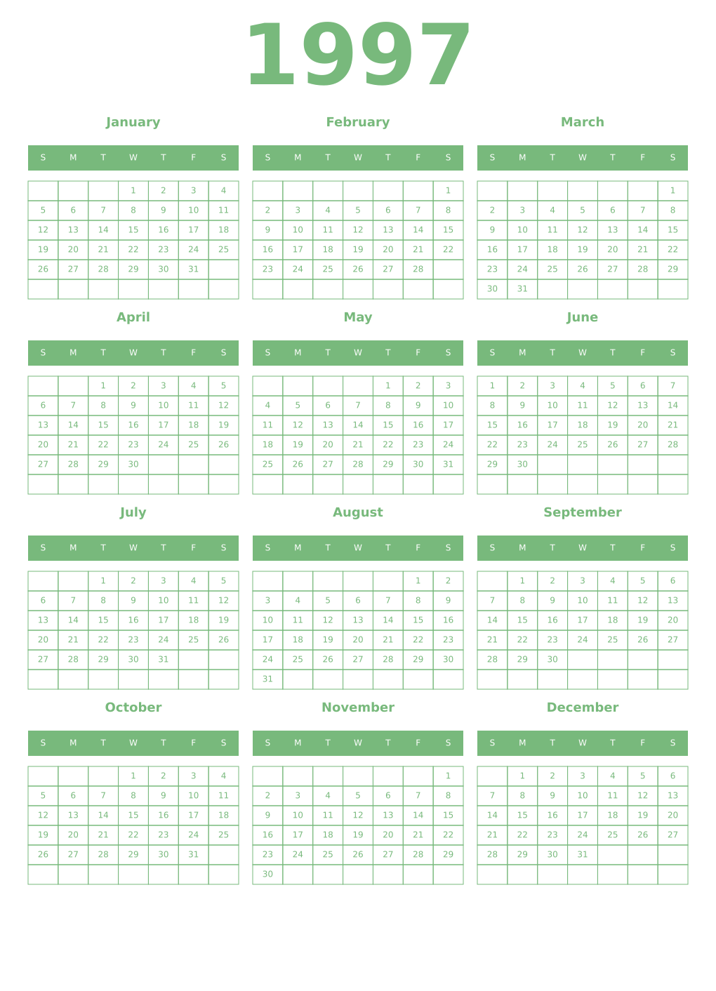 Printable 1997 Year Calendars celadon