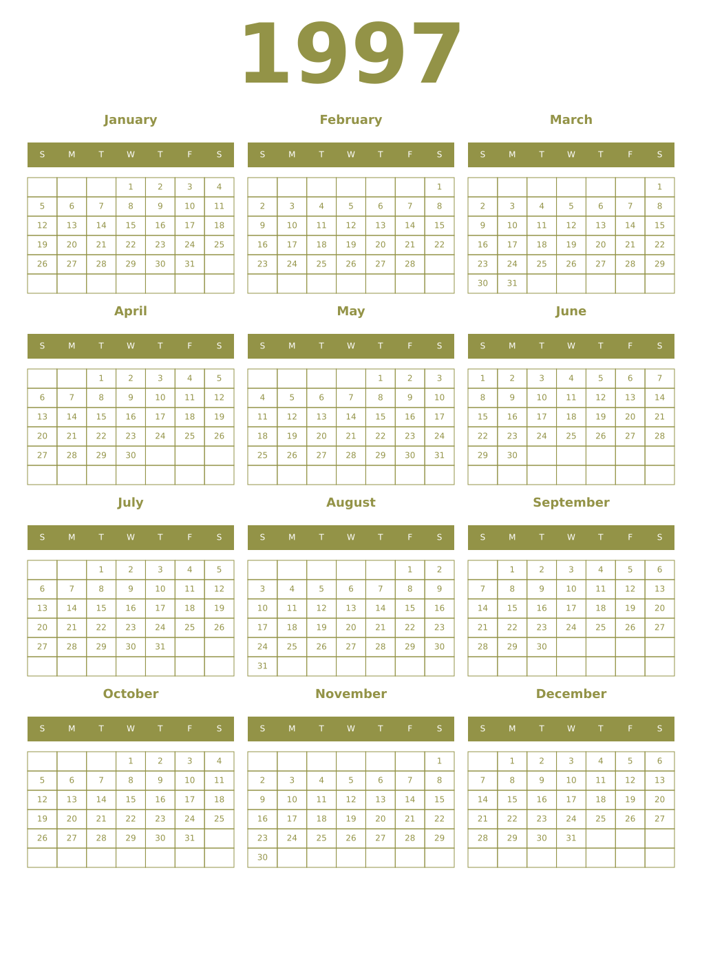 Printable 1997 Year Calendars eburnean