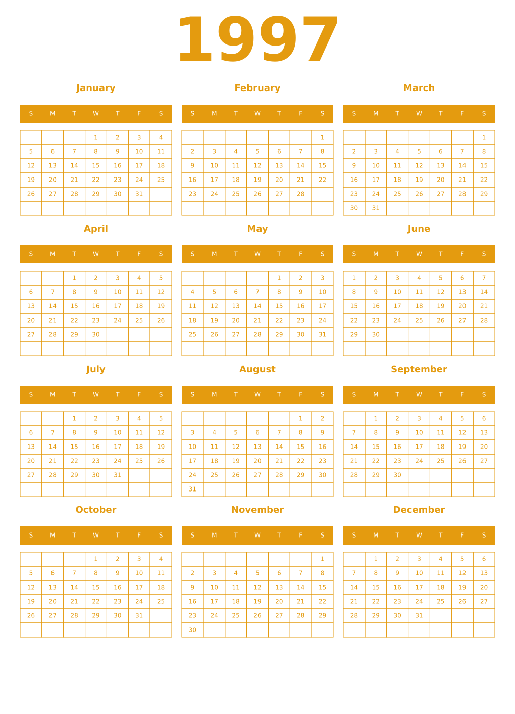 Printable 1997 Year Calendars gamboge