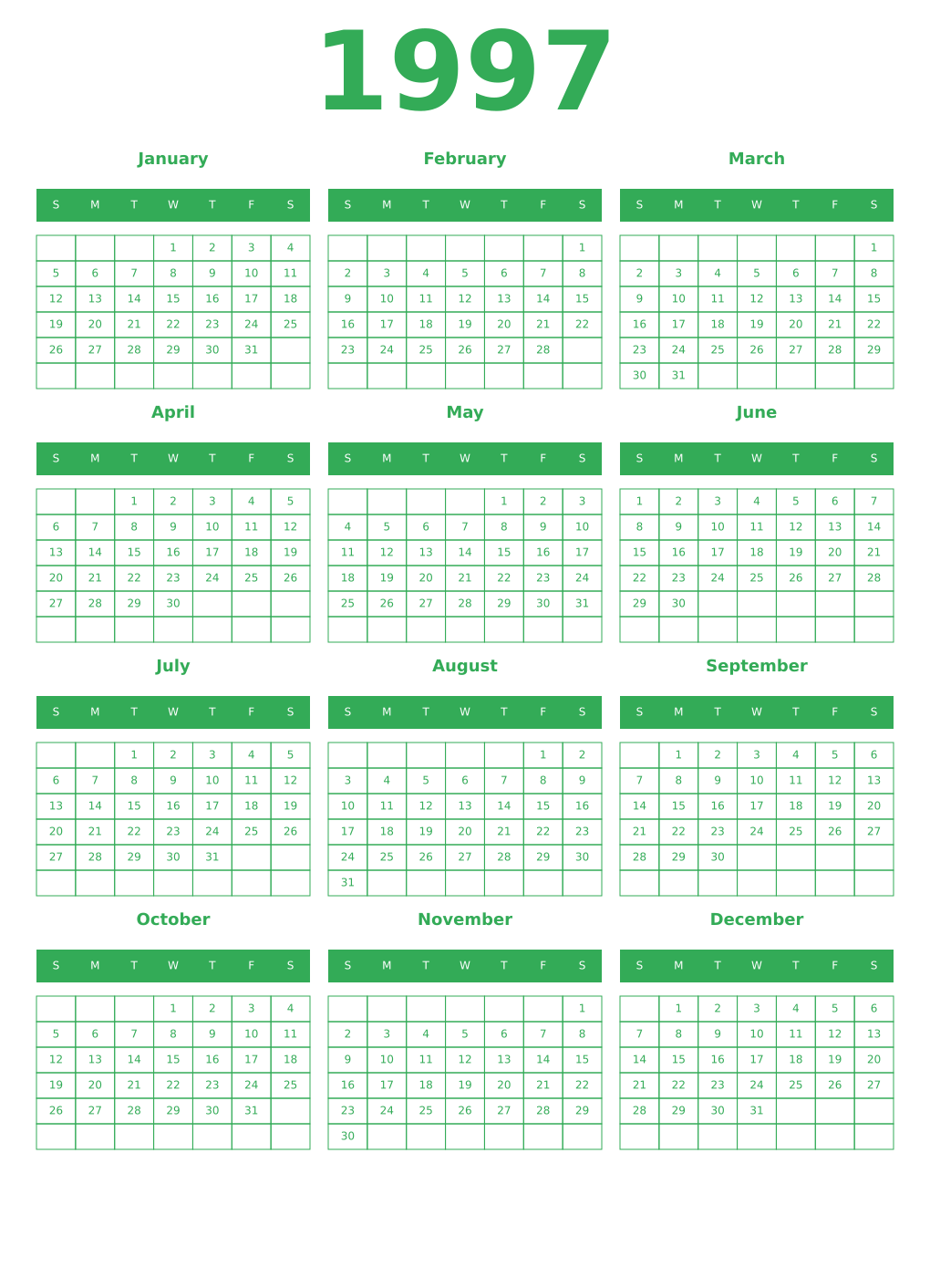 Printable 1997 Year Calendars green