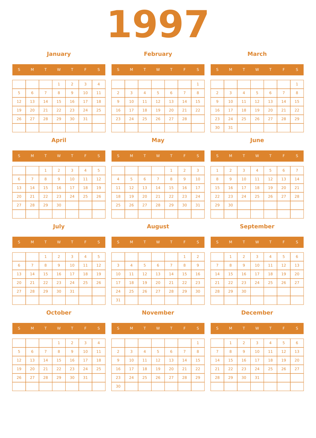 Printable 1997 Year Calendars orange
