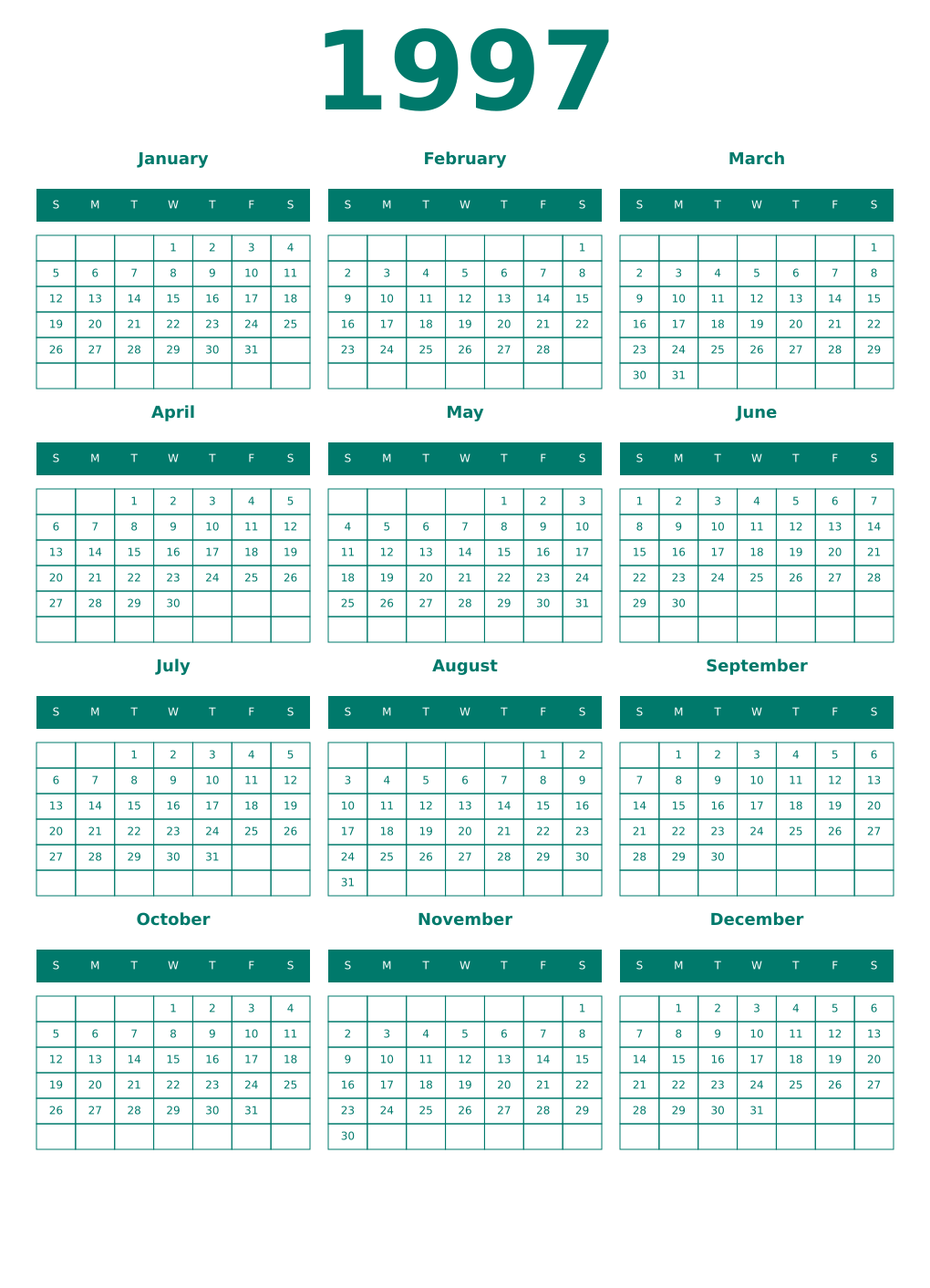 Printable 1997 Year Calendars pastel
