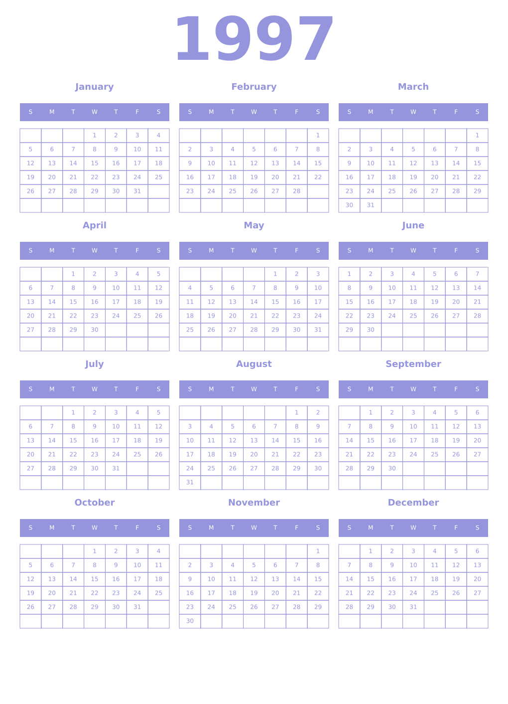 Printable 1997 Year Calendars periwinkle