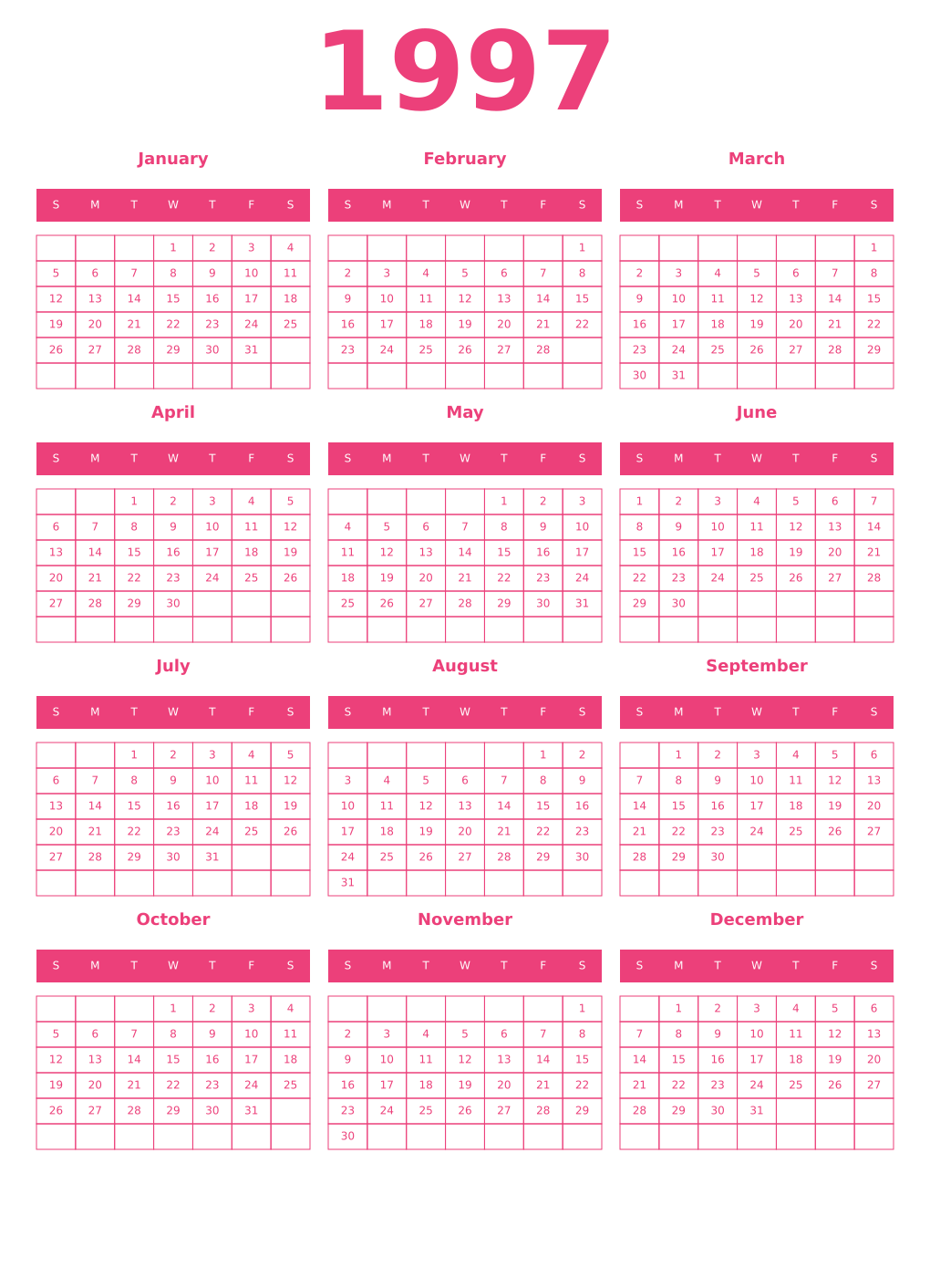 Printable 1997 Year Calendars pink