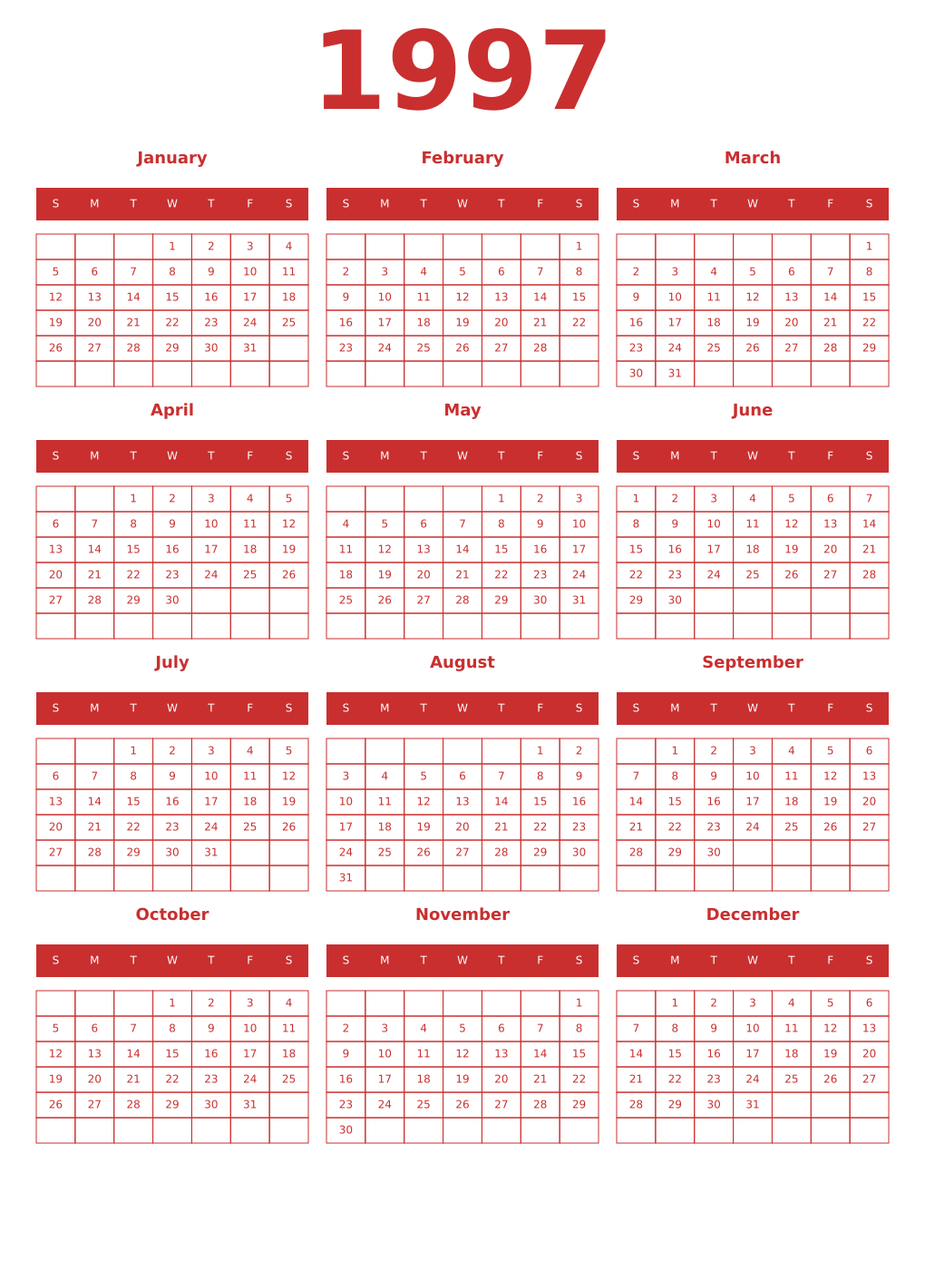 Printable 1997 Year Calendars red