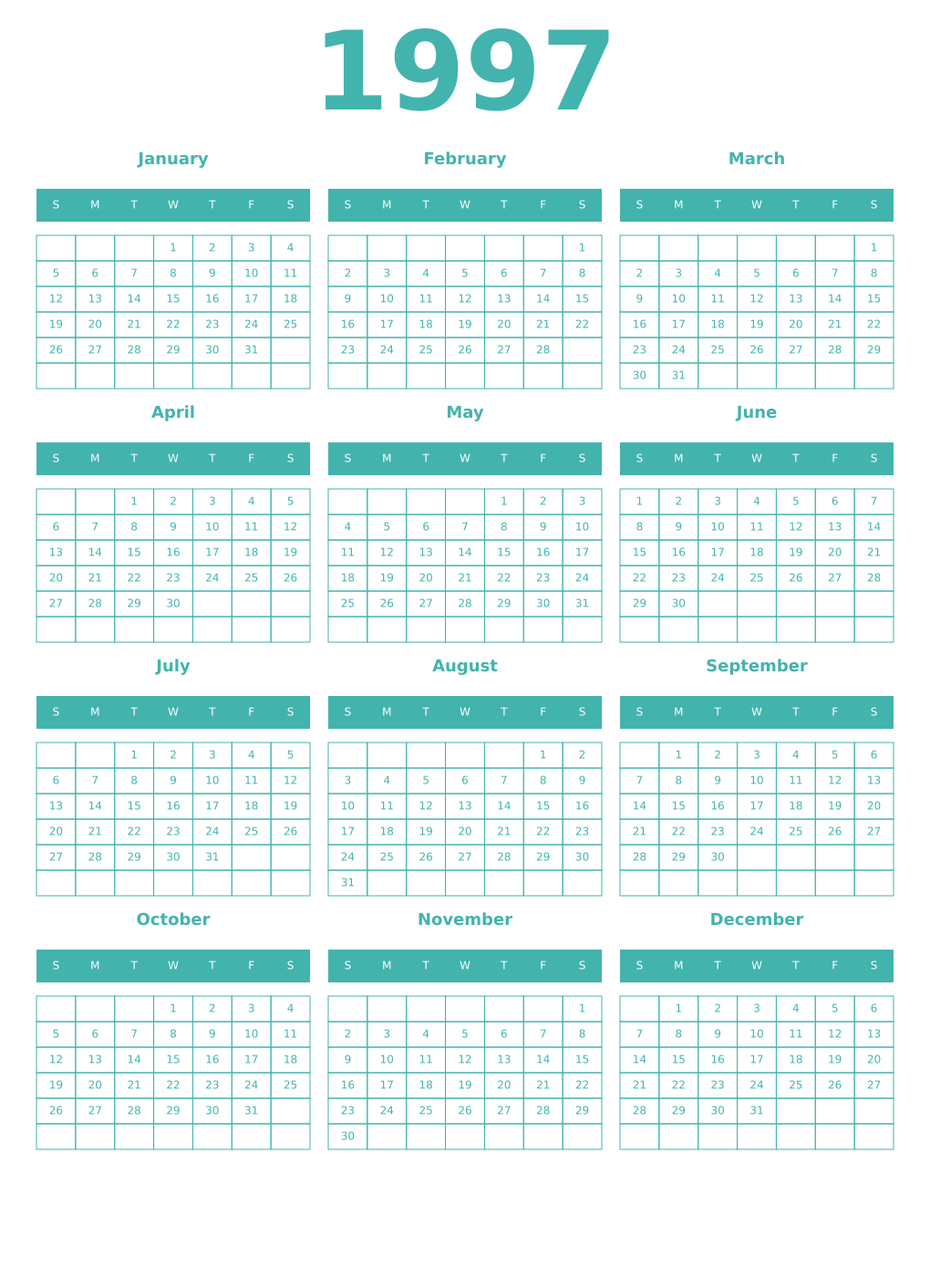 Printable 1997 Year Calendars verdigris