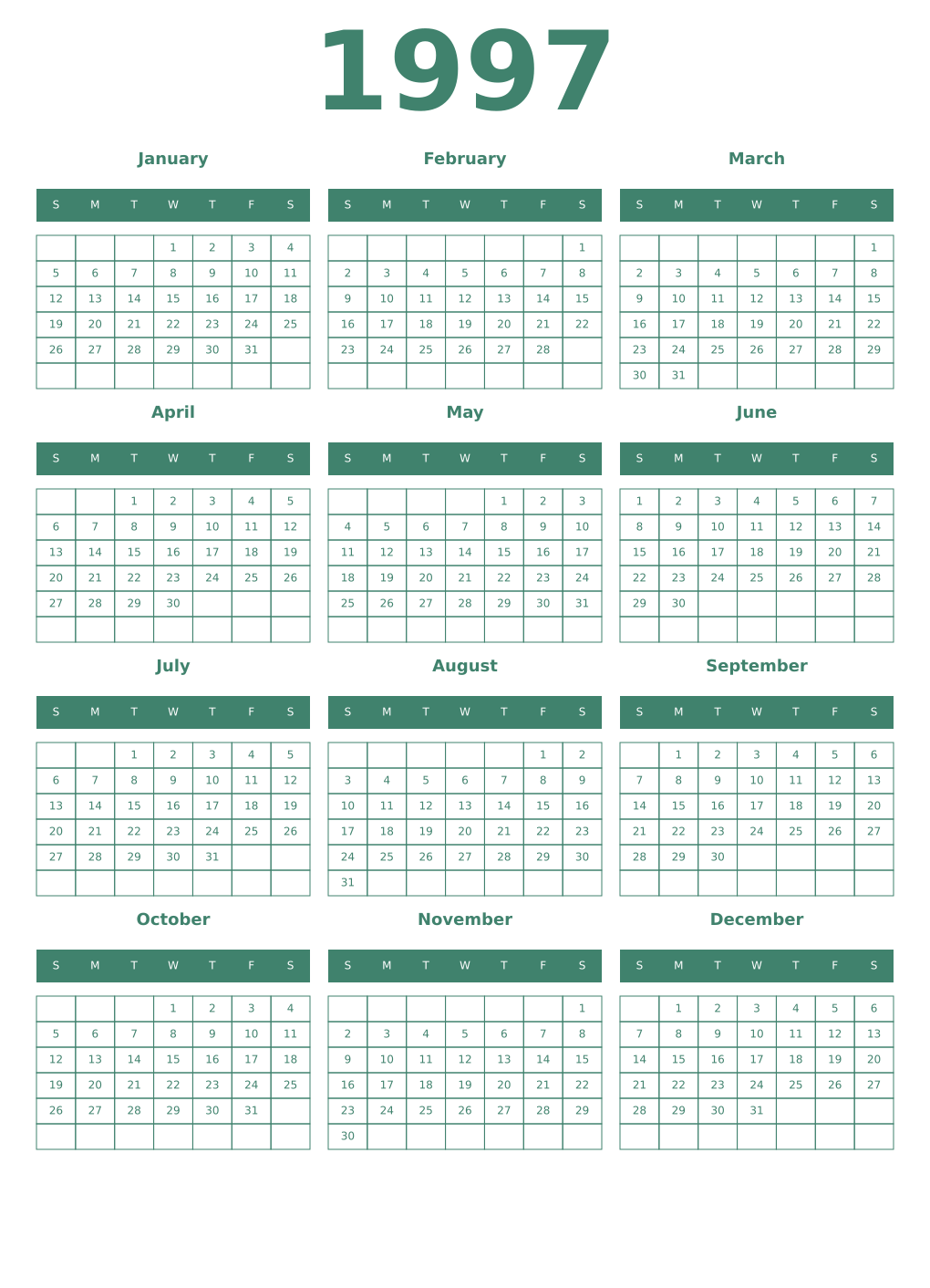 Printable 1997 Year Calendars viridian