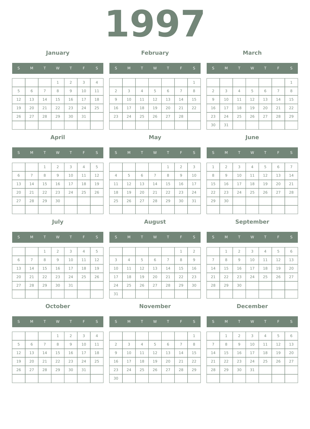 Printable 1997 Year Calendars xanadu