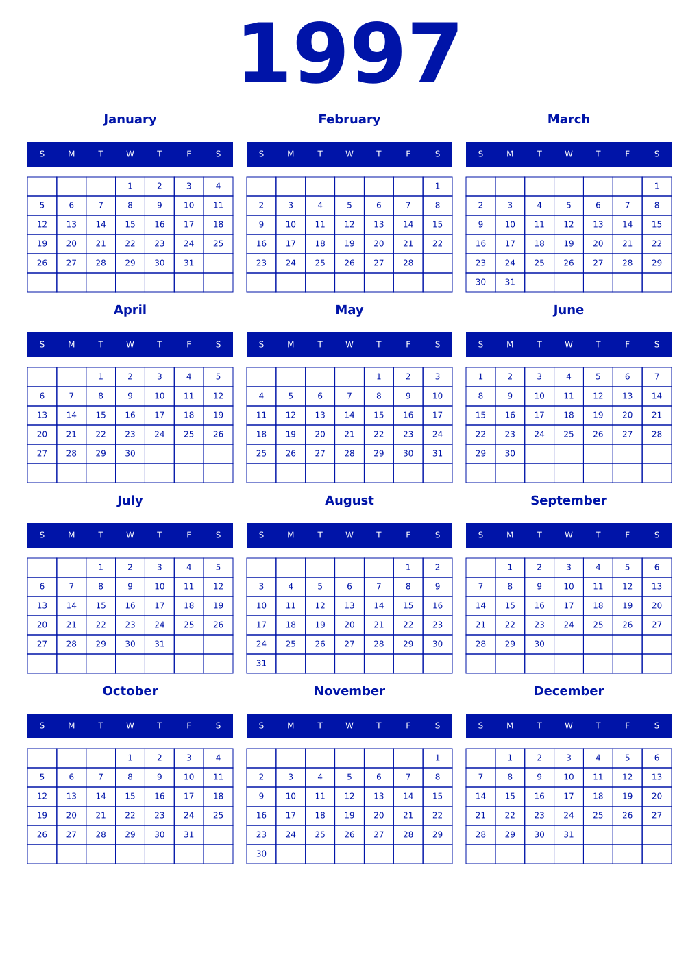 Printable 1997 Year Calendars zaffre