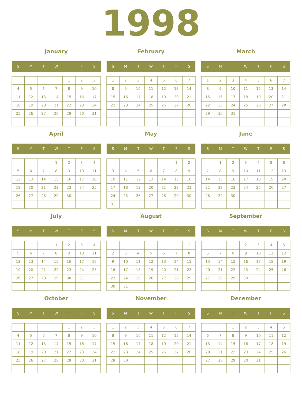 Printable 1998 Year Calendars eburnean