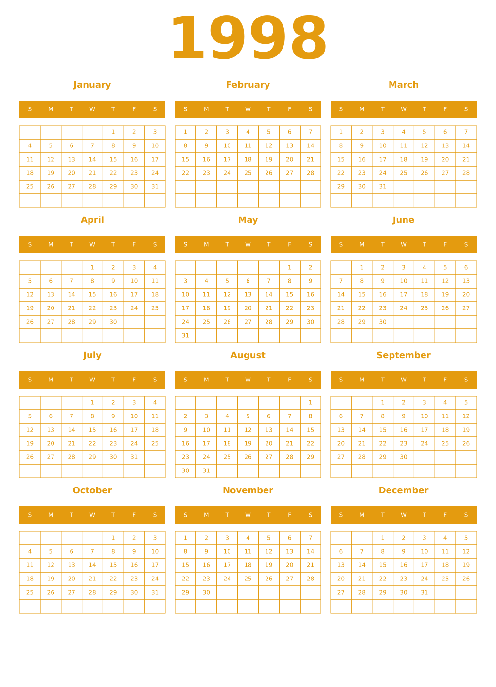 Printable 1998 Year Calendars gamboge