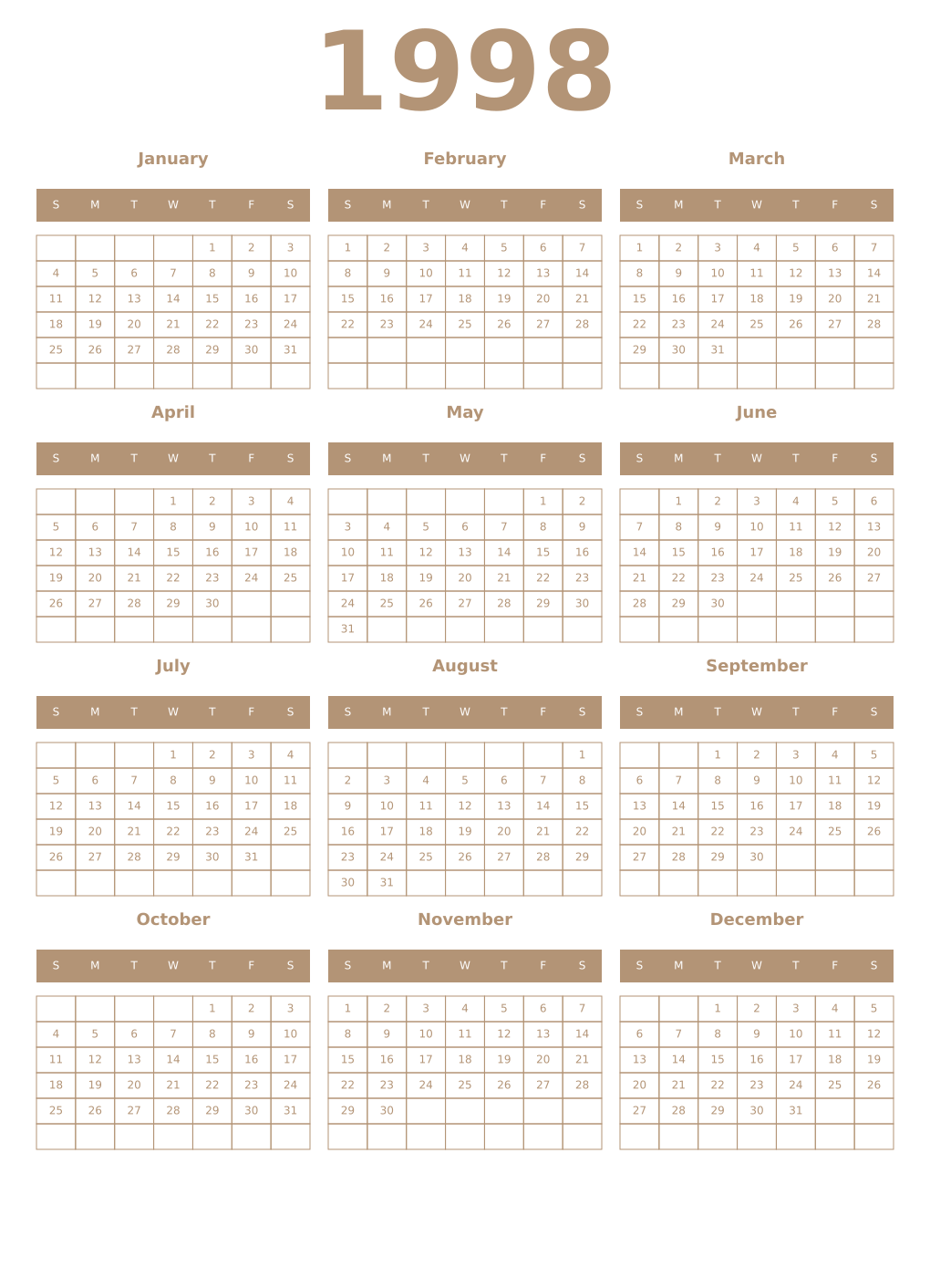 Printable 1998 Year Calendars isabelline