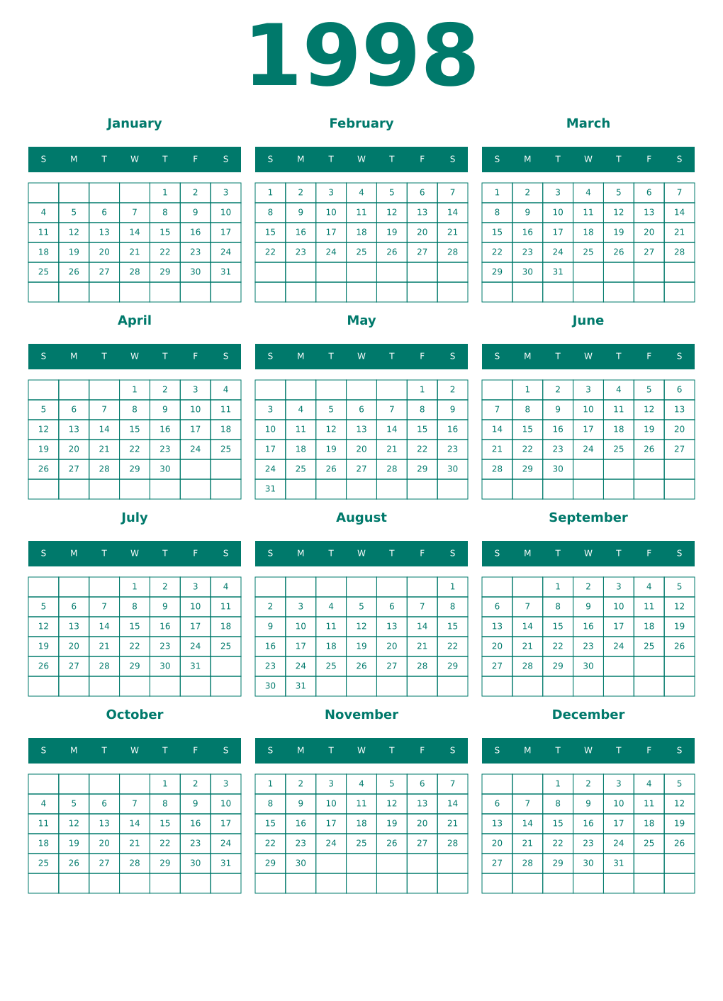 Printable 1998 Year Calendars pastel