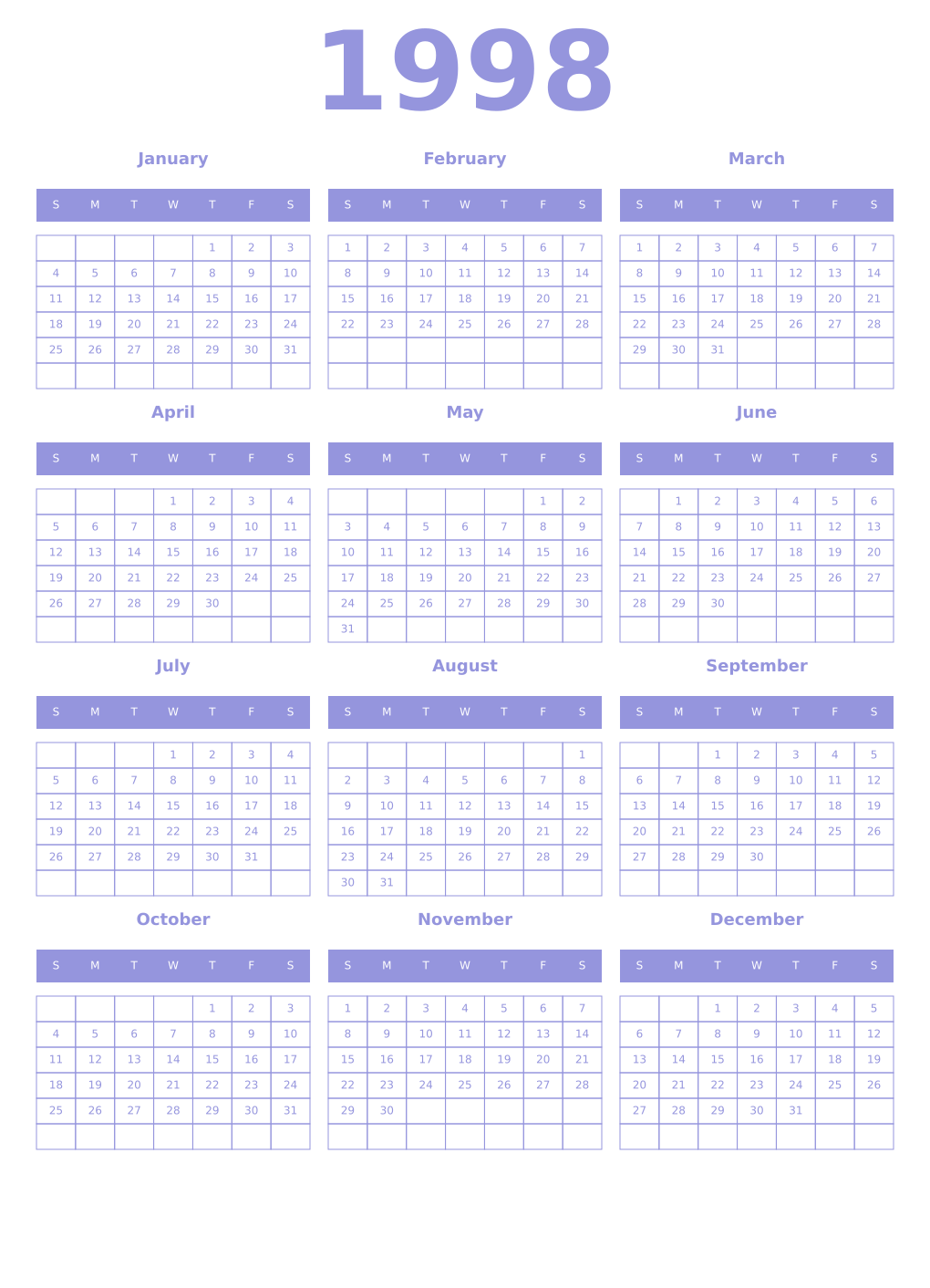 Printable 1998 Year Calendars periwinkle