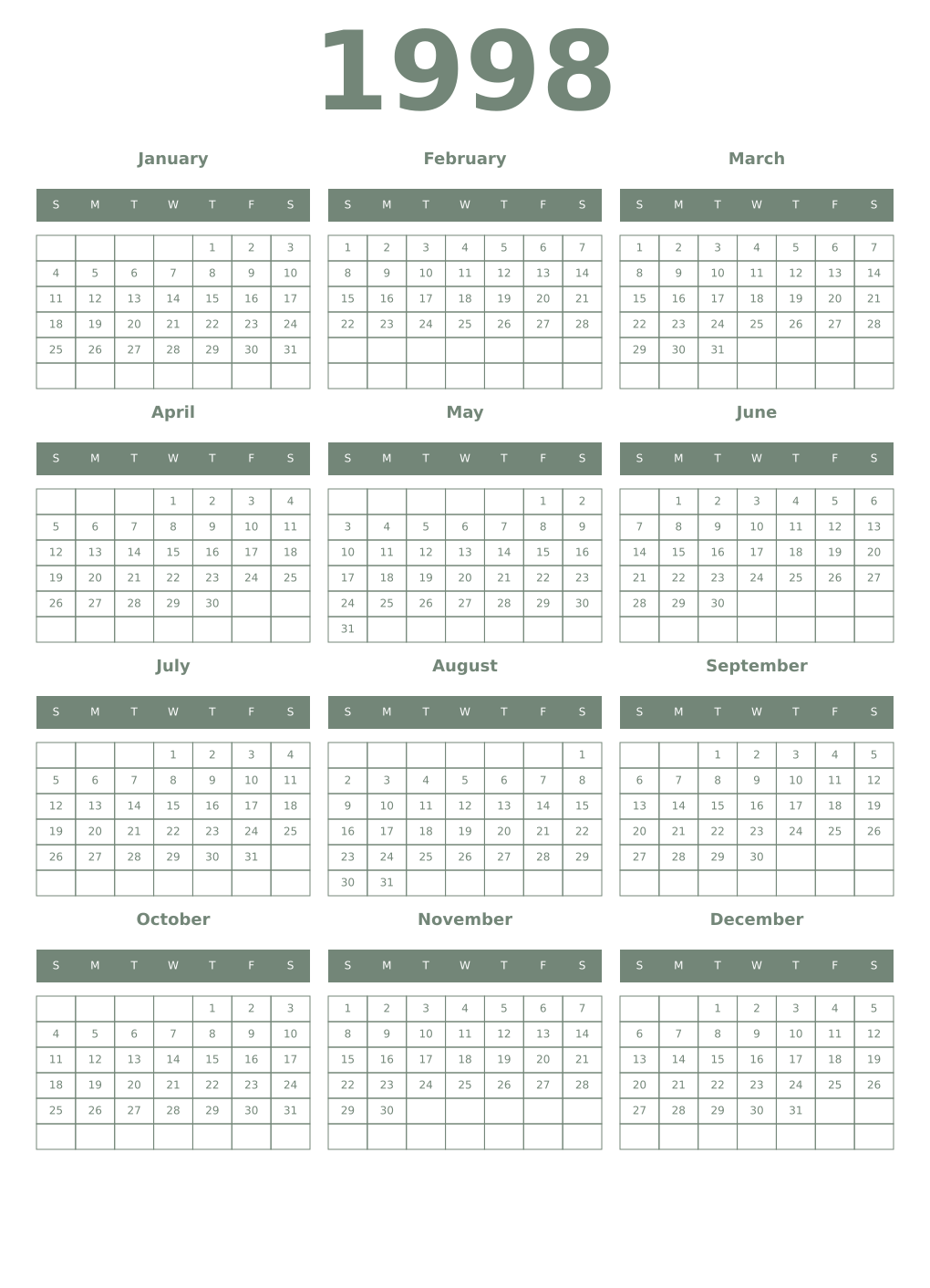 Printable 1998 Year Calendars xanadu