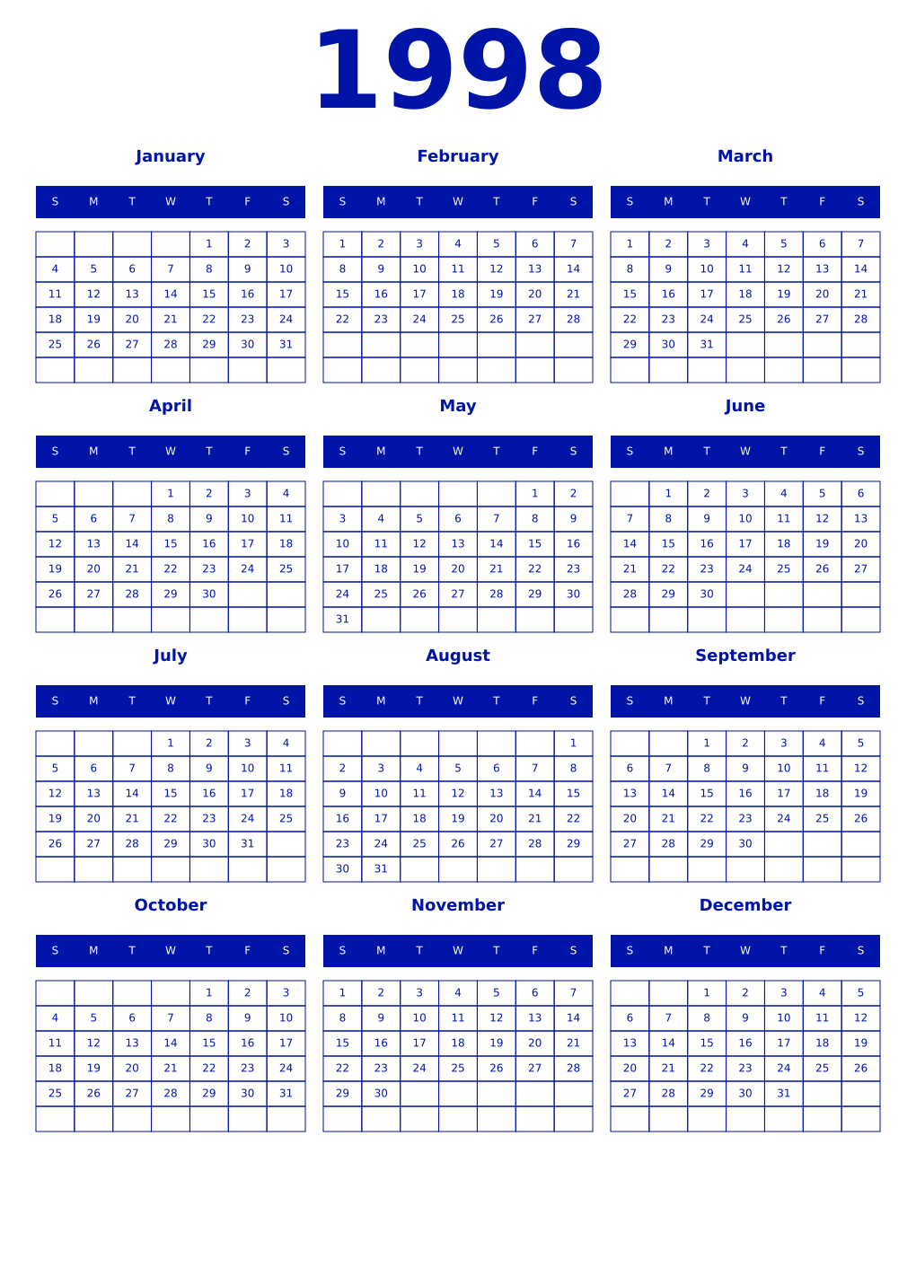 Printable 1998 Year Calendars zaffre