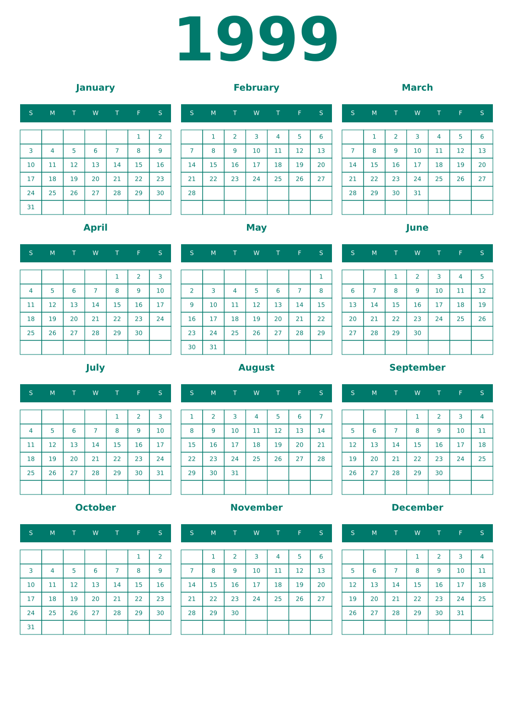 Printable 1999 Year Calendars pastel