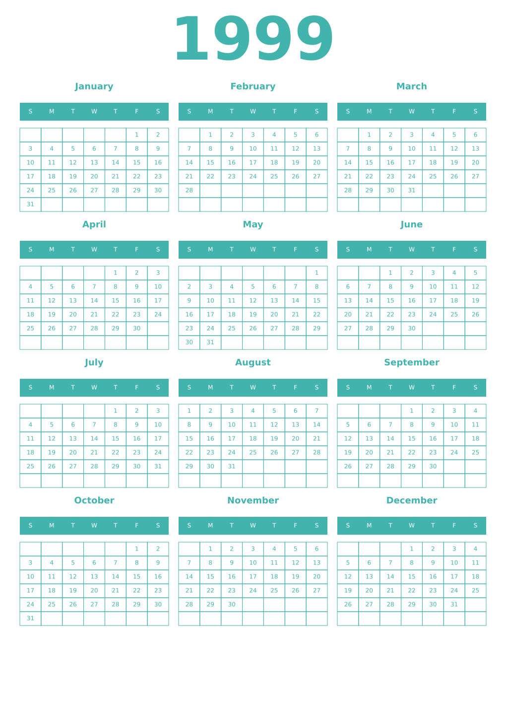 Printable 1999 Year Calendars verdigris