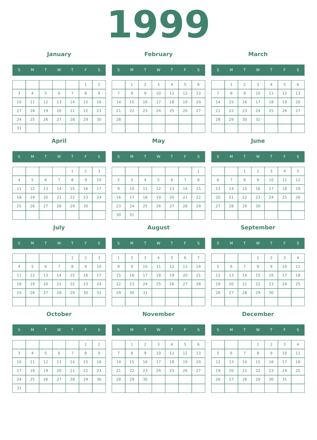 Printable 1999 Year Calendars viridian