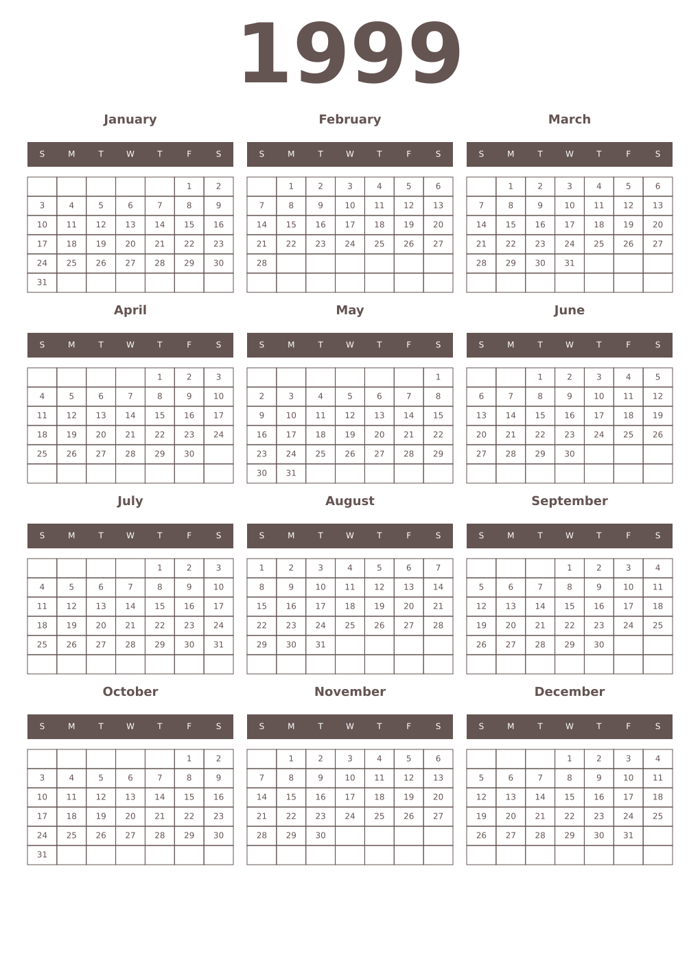 Printable 1999 Year Calendars wenge