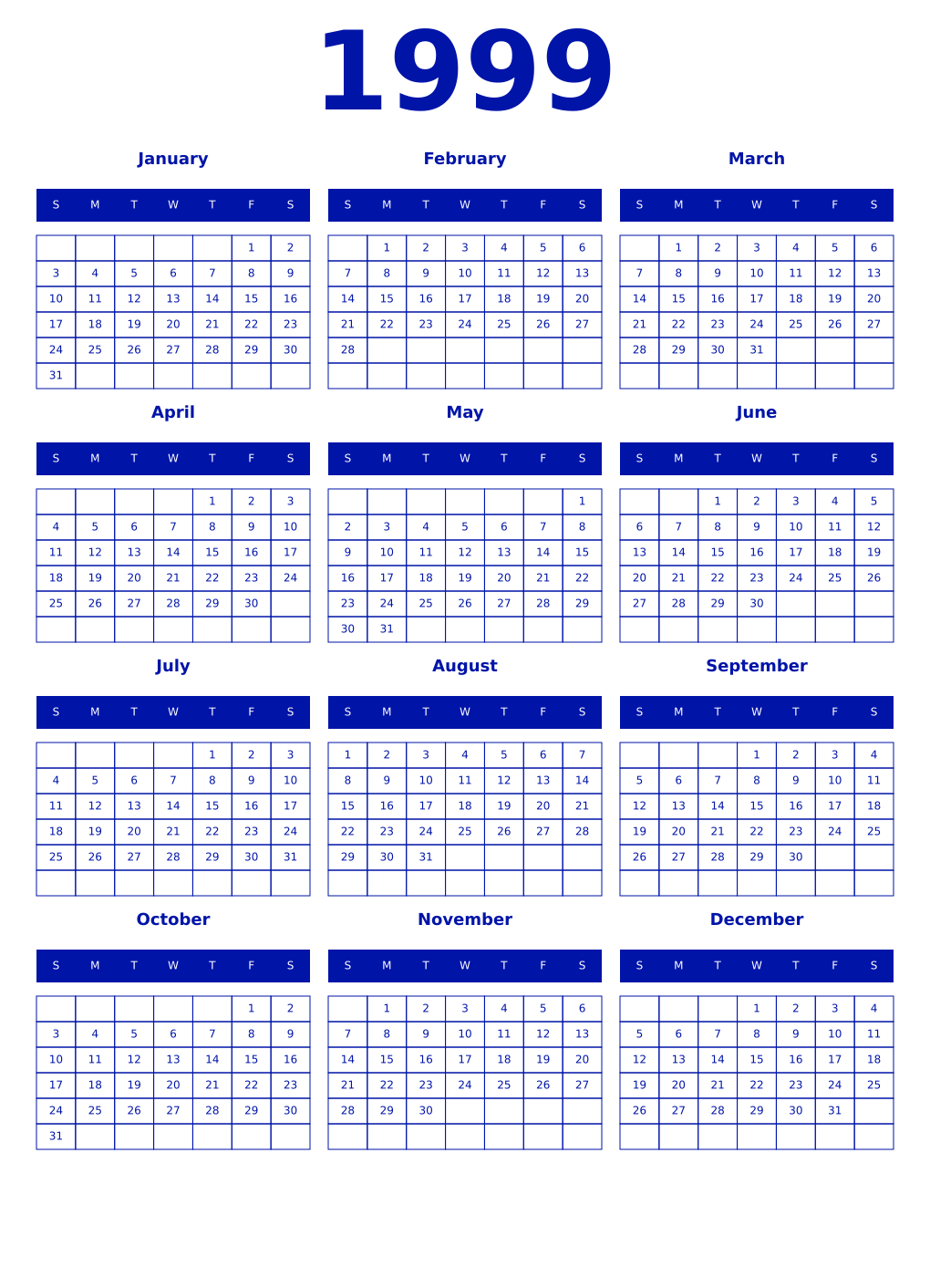 Printable 1999 Year Calendars zaffre