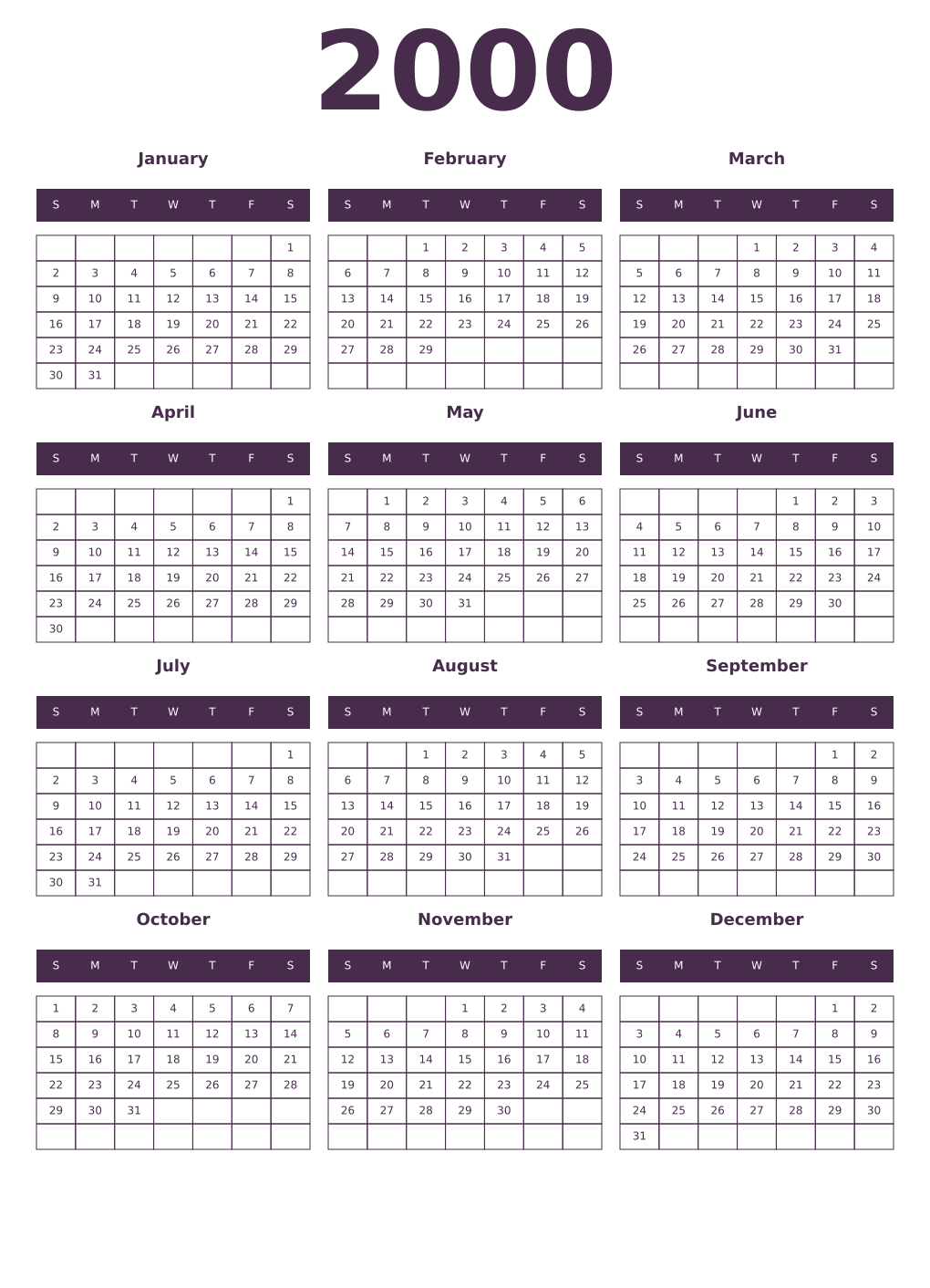 Printable 2000 Year Calendars aubergine