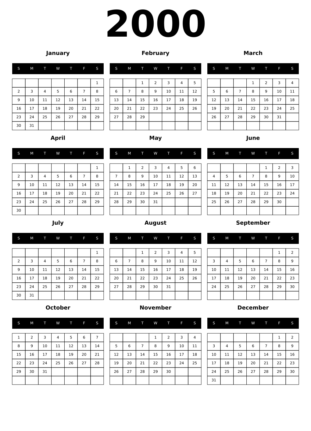Printable 2000 Year Calendars black