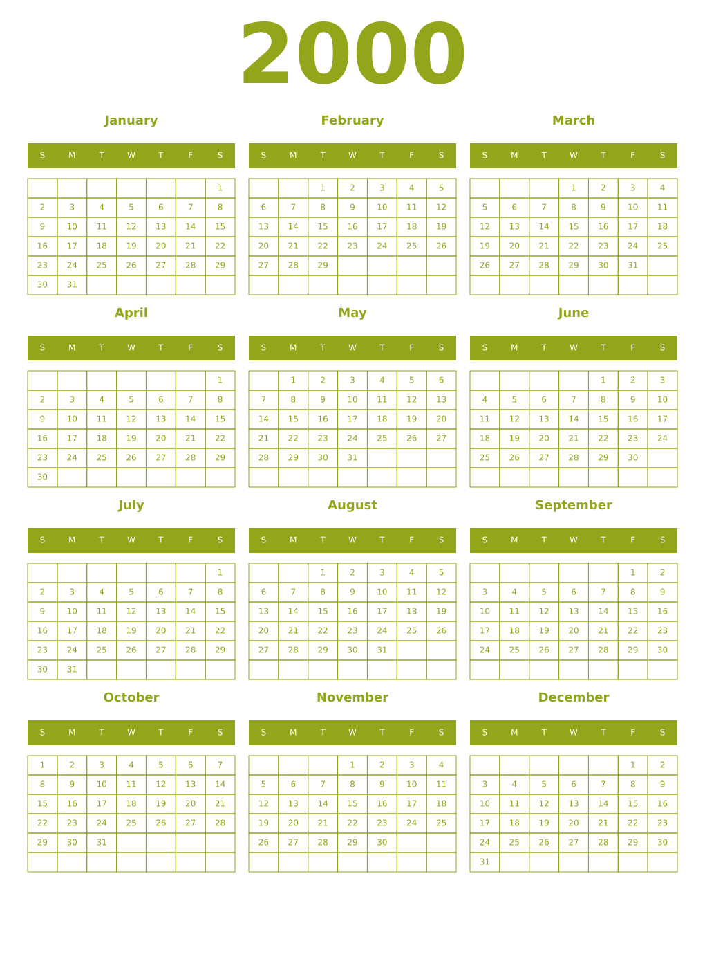 Printable 2000 Year Calendars chartreuse