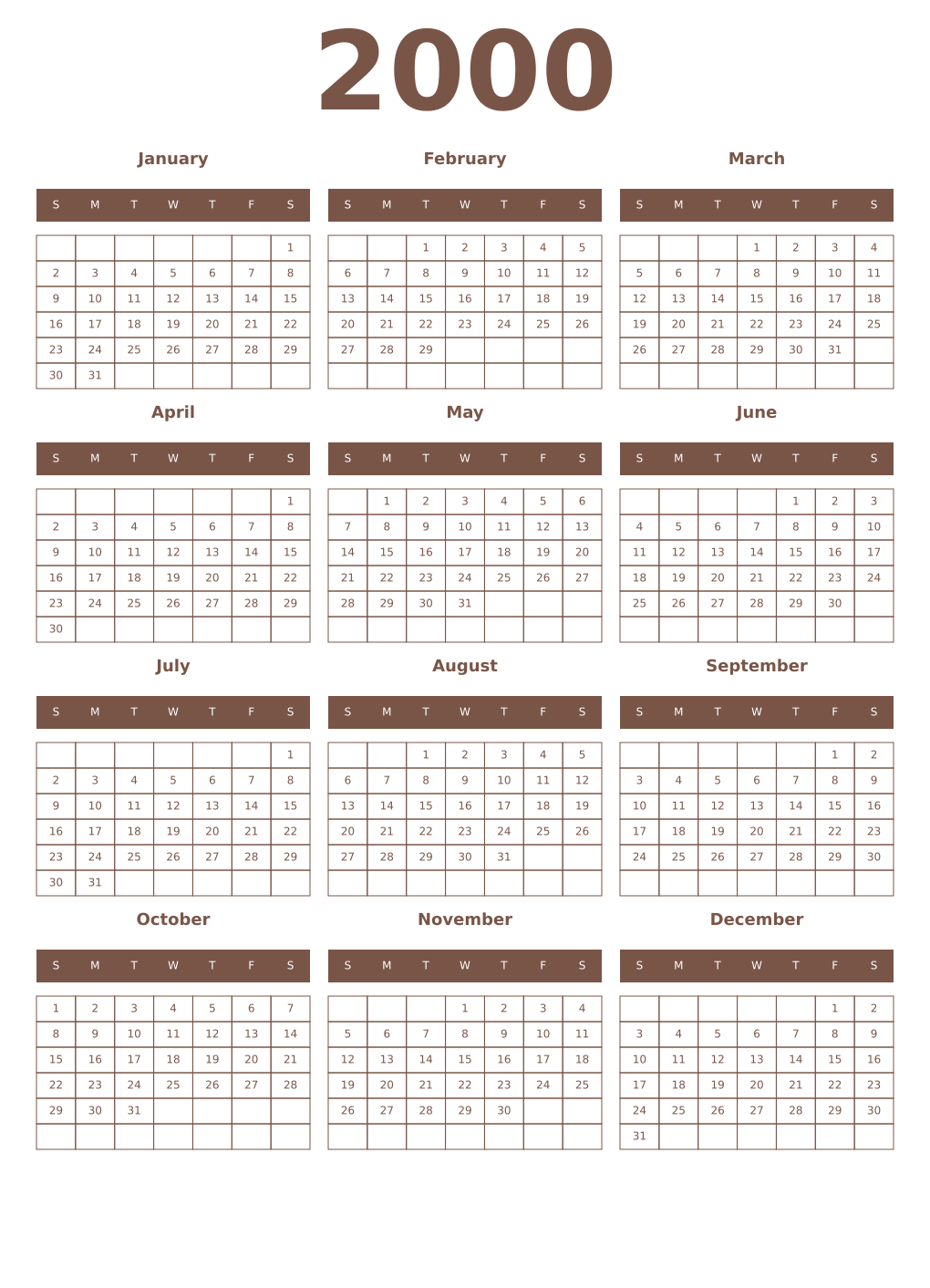 Printable 2000 Year Calendars coffe