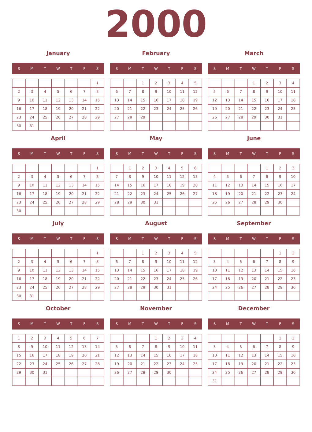 Printable 2000 Year Calendars cordovan
