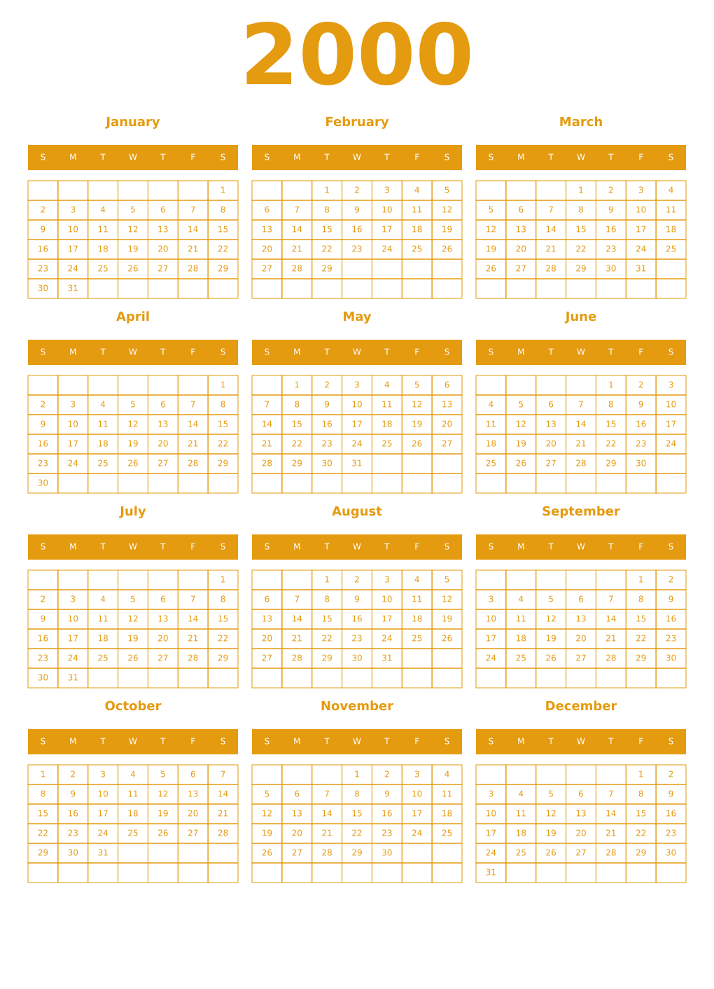 Printable 2000 Year Calendars gamboge