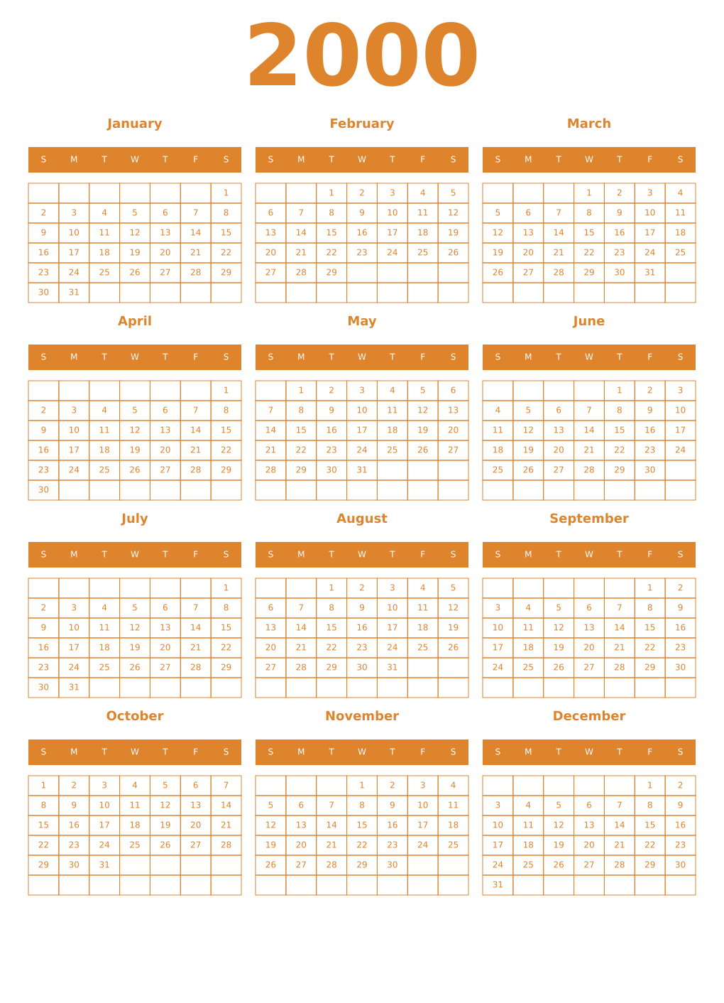 Printable 2000 Year Calendars orange