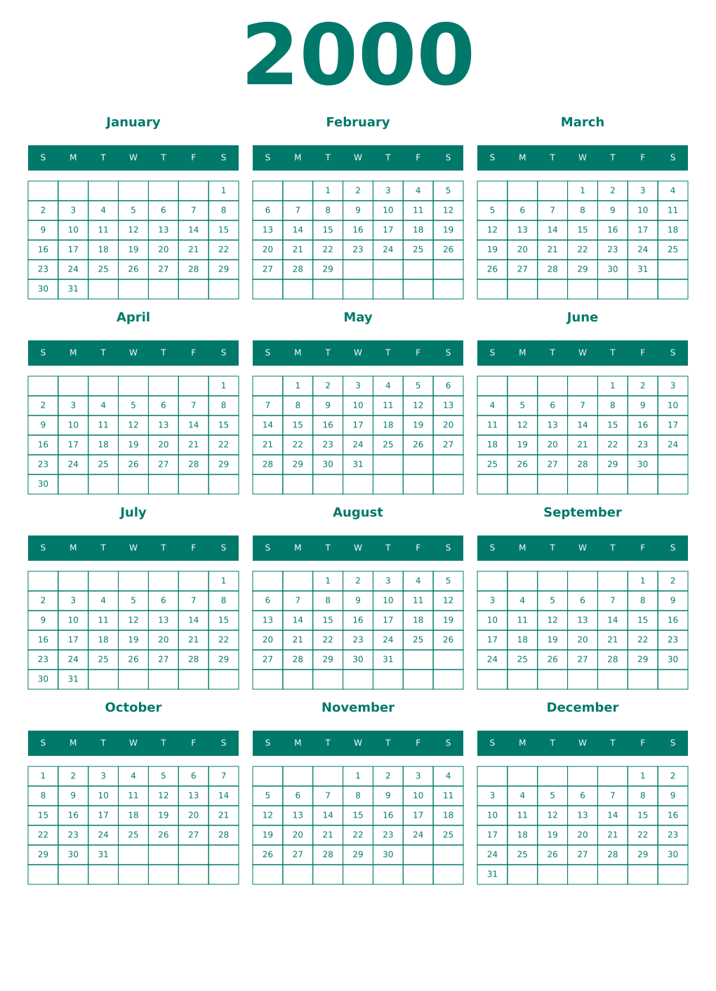 Printable 2000 Year Calendars pastel