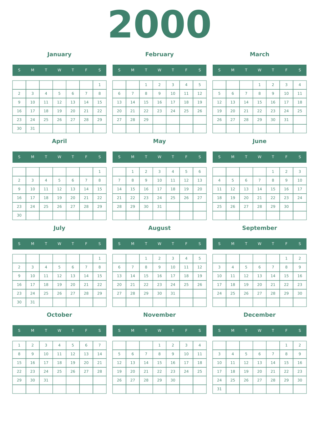 Printable 2000 Year Calendars viridian