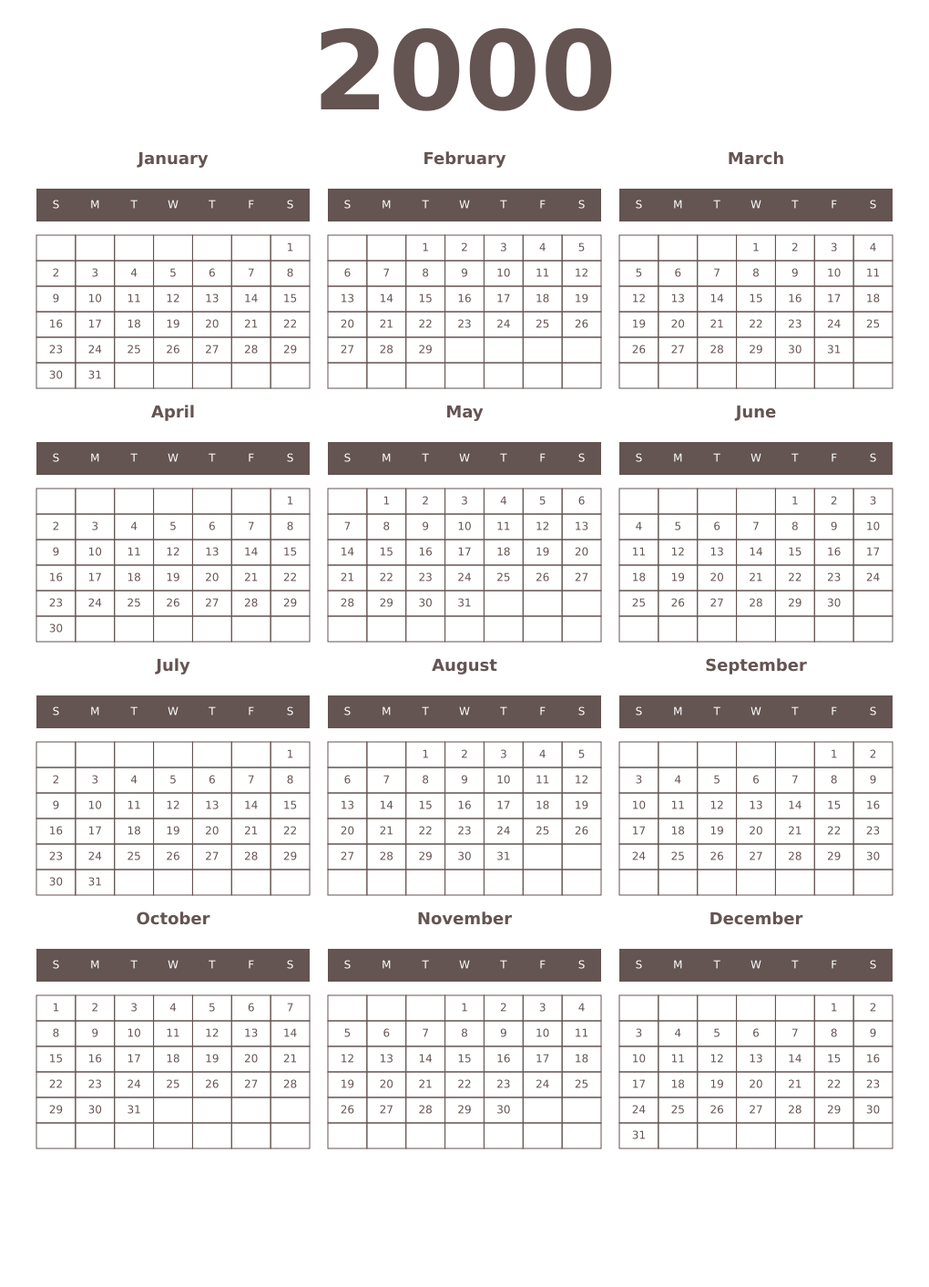 Printable 2000 Year Calendars wenge