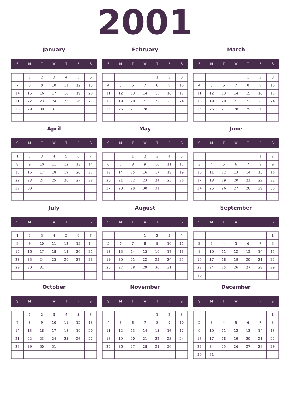 Printable 2001 Year Calendars aubergine