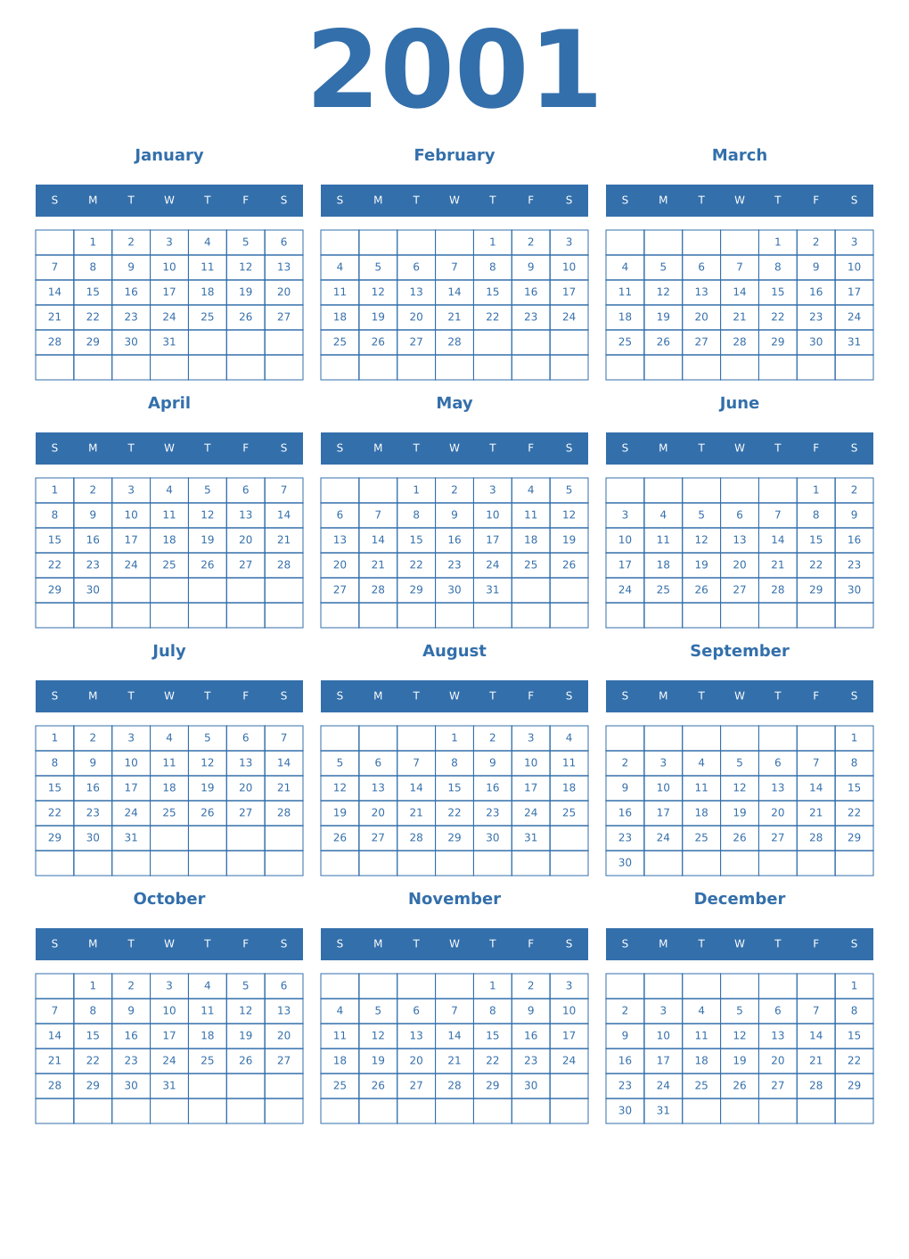 Printable 2001 Year Calendars blue