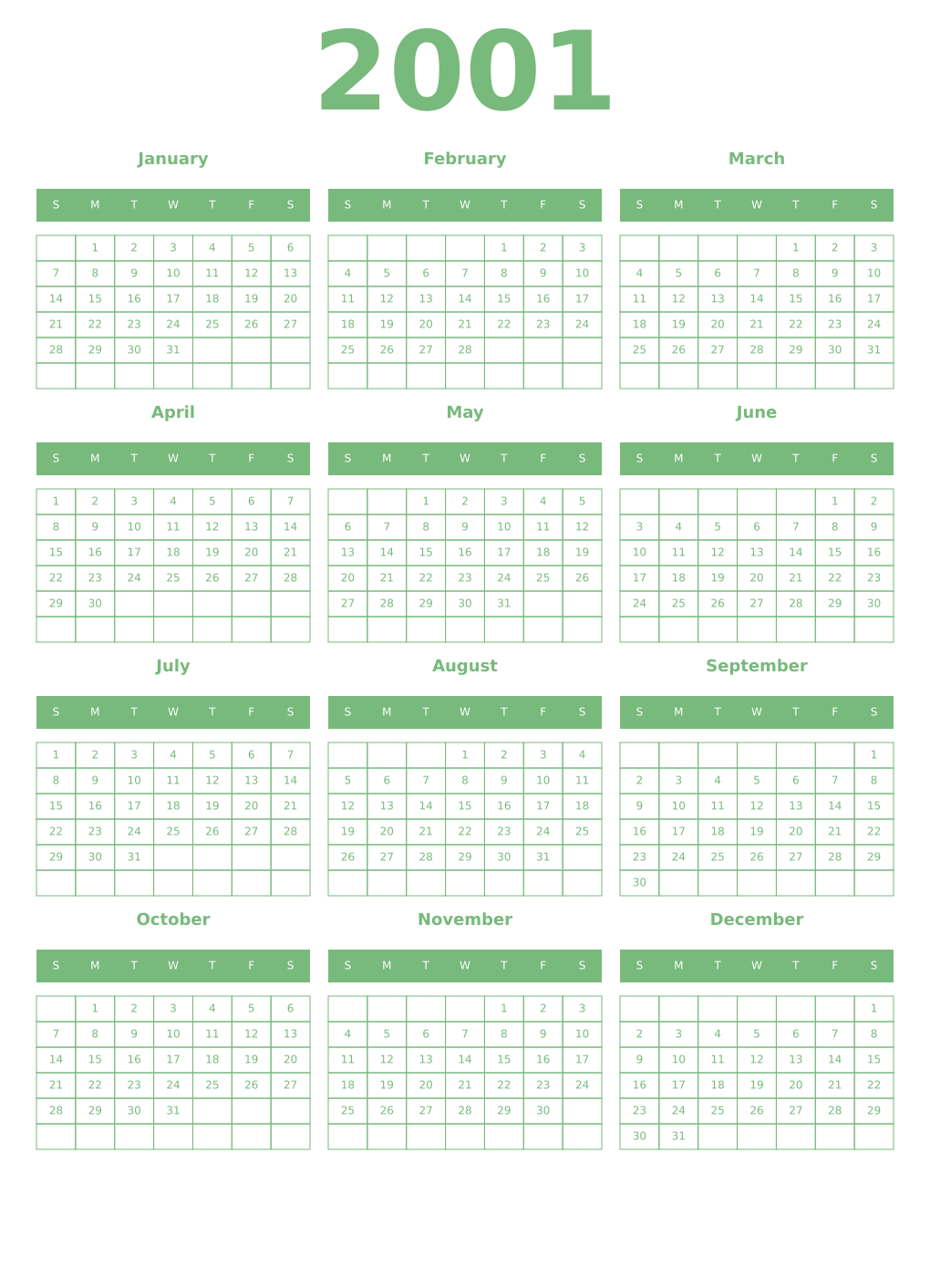 Printable 2001 Year Calendars celadon