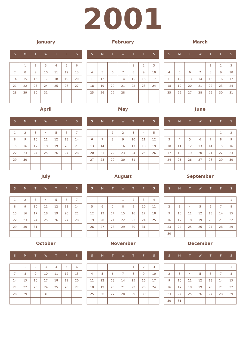 Printable 2001 Year Calendars coffe