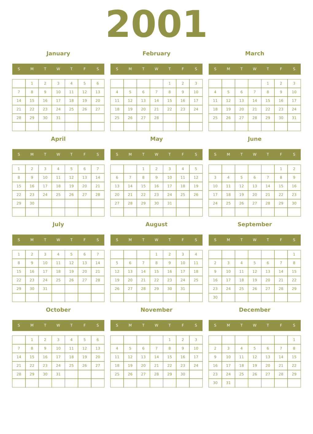 Printable 2001 Year Calendars eburnean